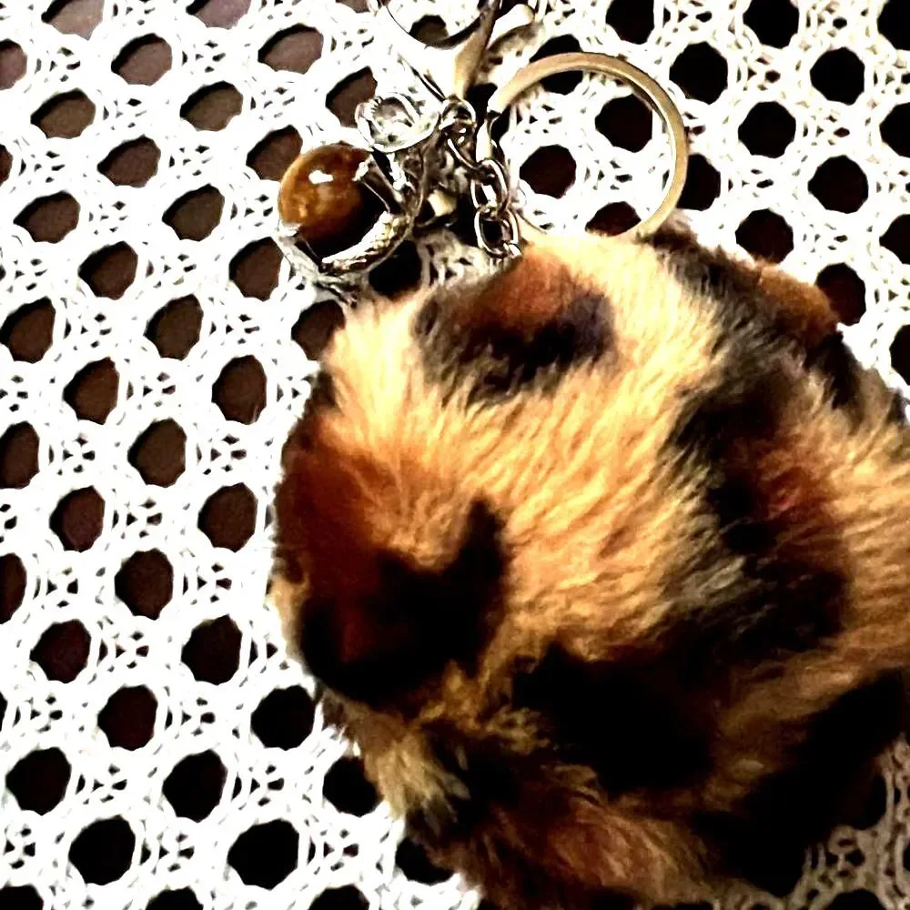 Cheetah Print Pom Pom with Elephant Pendant with Genuine Tiger Eye Mini Sphere -